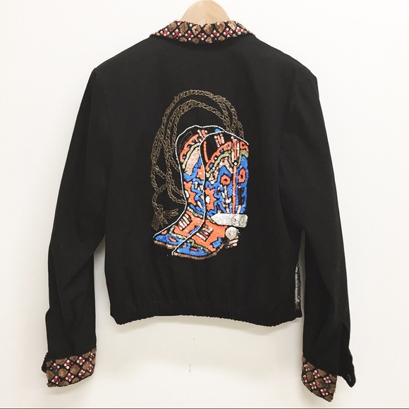 Vintage sequin cowgirl cowboy boot tapestry jacket - Picture 2 of 6